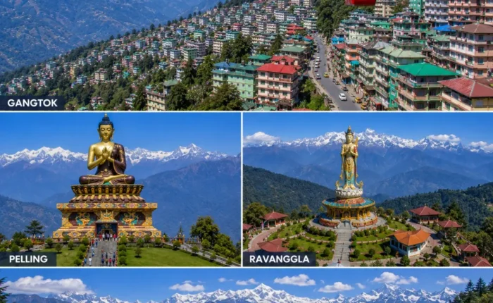 Gangtok Pelling Ravangla Tour Package featuring Tsomgo Lake, Pelling Skywalk, Buddha Park Ravangla, Rumtek Monastery and Mount Kanchenjunga.