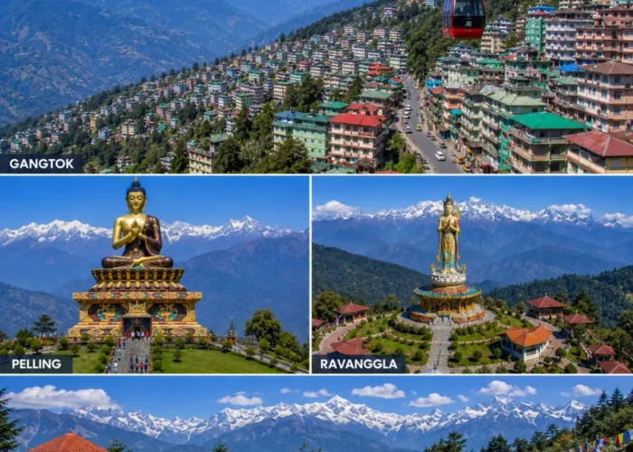 Gangtok Pelling Ravangla Tour Package featuring Tsomgo Lake, Pelling Skywalk, Buddha Park Ravangla, Rumtek Monastery and Mount Kanchenjunga.