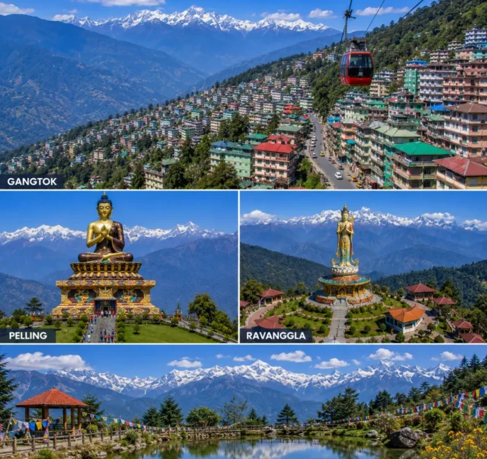 Gangtok Pelling Ravangla Tour Package featuring Tsomgo Lake, Pelling Skywalk, Buddha Park Ravangla, Rumtek Monastery and Mount Kanchenjunga.