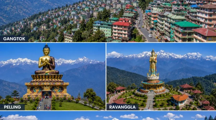 Gangtok Pelling Ravangla Tour Package featuring Tsomgo Lake, Pelling Skywalk, Buddha Park Ravangla, Rumtek Monastery and Mount Kanchenjunga.