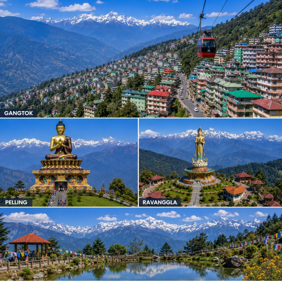 Gangtok Pelling Ravangla Tour Package featuring Tsomgo Lake, Pelling Skywalk, Buddha Park Ravangla, Rumtek Monastery and Mount Kanchenjunga.