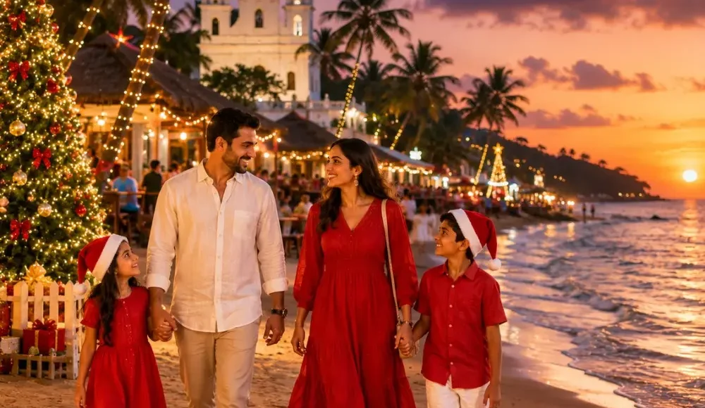 Goa Christmas and New Year Celebration Tour Package featuring beautiful beaches, festive lights, beach parties, churches and holiday celebrations.
