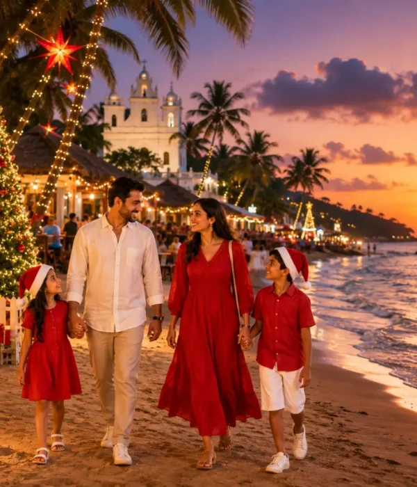 Goa Christmas and New Year Celebration Tour Package featuring beautiful beaches, festive lights, beach parties, churches and holiday celebrations.