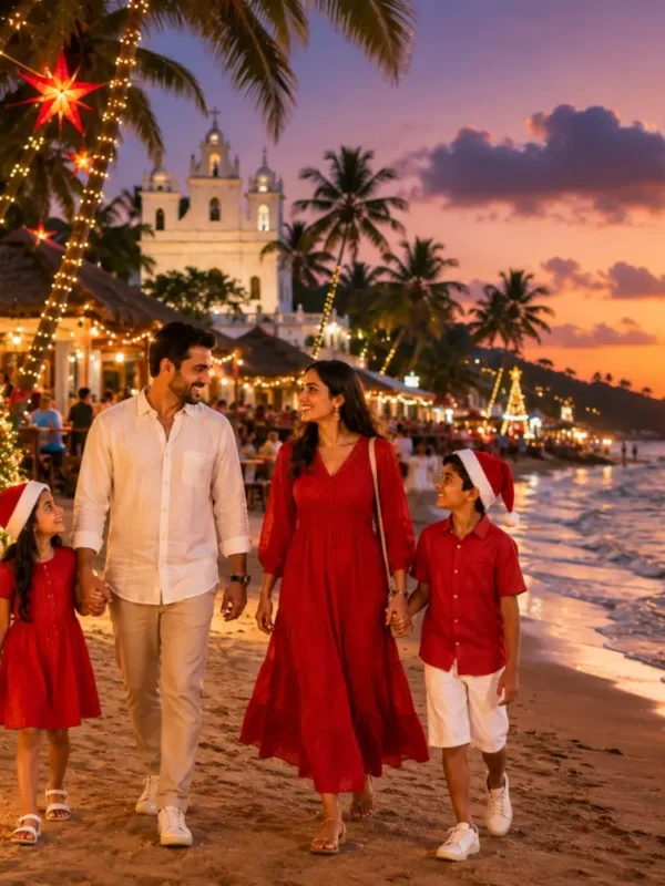 Goa Christmas and New Year Celebration Tour Package featuring beautiful beaches, festive lights, beach parties, churches and holiday celebrations.