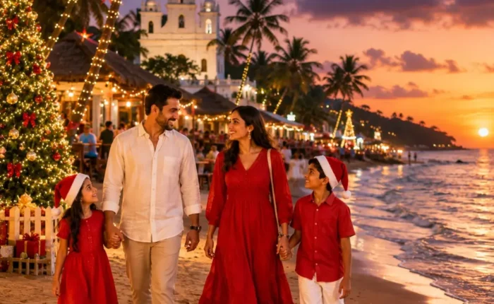 Goa Christmas and New Year Celebration Tour Package featuring beautiful beaches, festive lights, beach parties, churches and holiday celebrations.