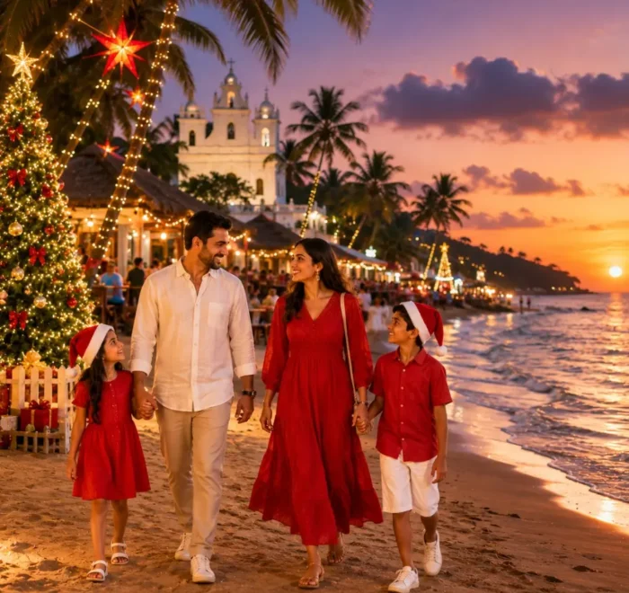 Goa Christmas and New Year Celebration Tour Package featuring beautiful beaches, festive lights, beach parties, churches and holiday celebrations.
