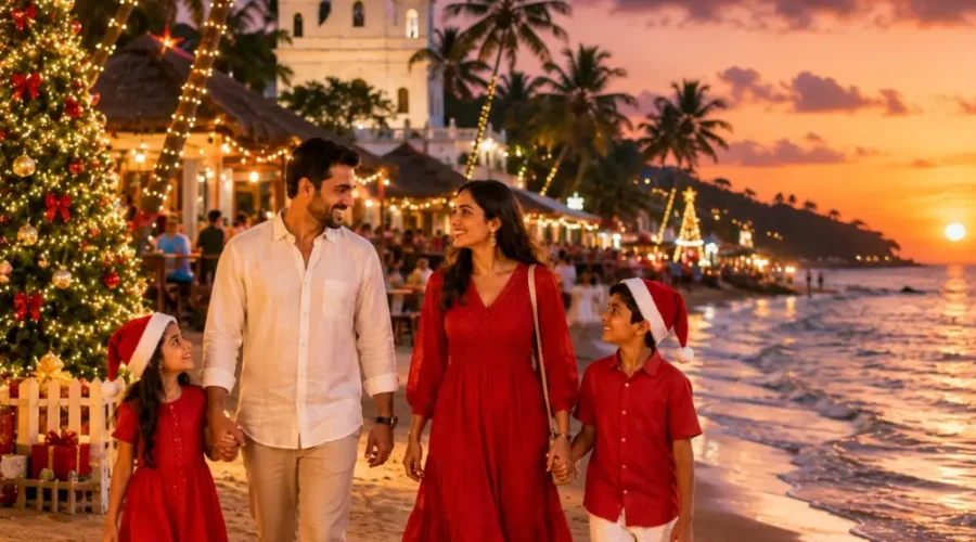 Goa Christmas and New Year Celebration Tour Package featuring beautiful beaches, festive lights, beach parties, churches and holiday celebrations.
