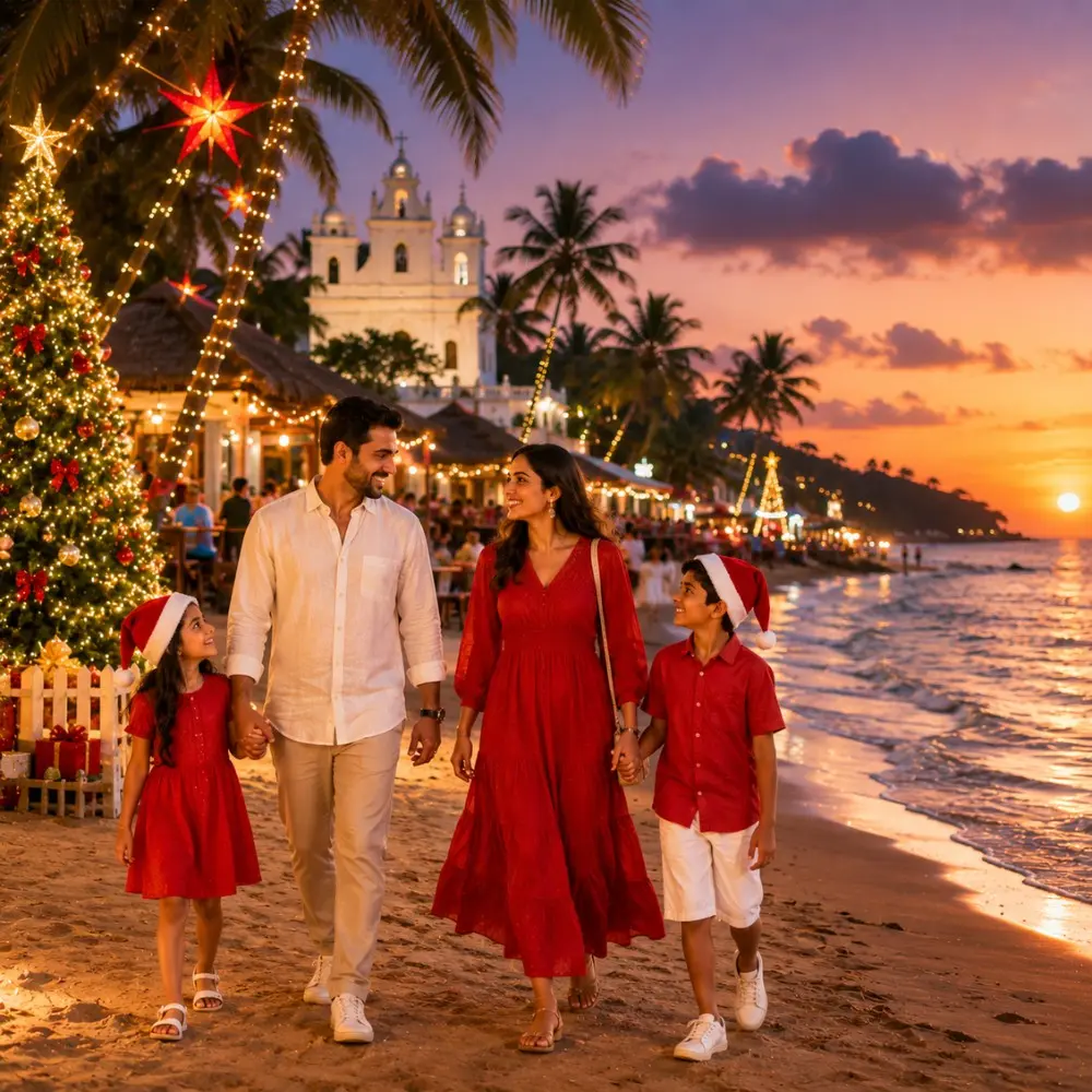 Goa Christmas and New Year Celebration Tour Package featuring beautiful beaches, festive lights, beach parties, churches and holiday celebrations.