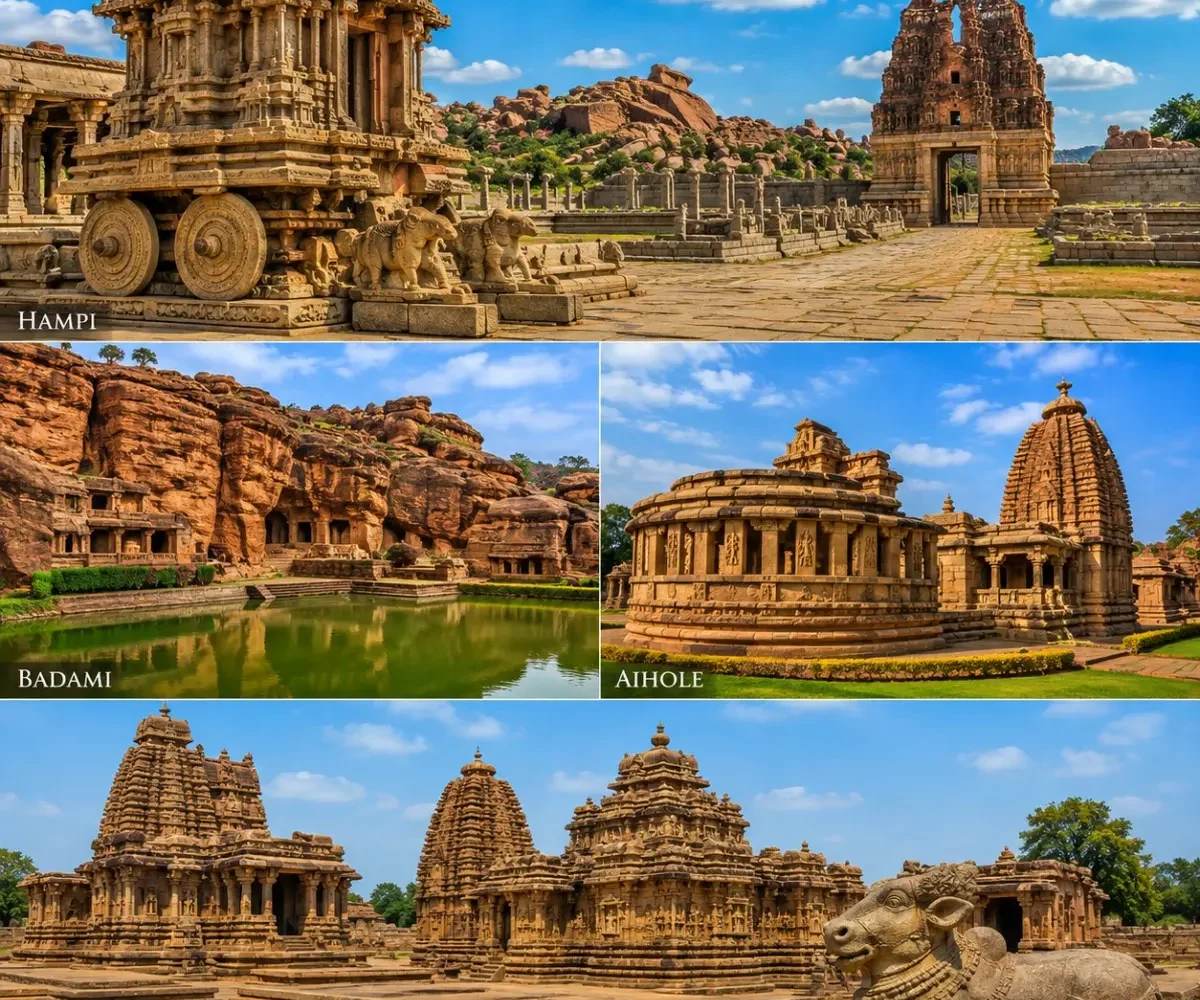 Hampi, Badami, Aihole & Pattadakal Tour Package showcasing Virupaksha Temple, Badami Cave Temples, Durga Temple and Pattadakal monuments