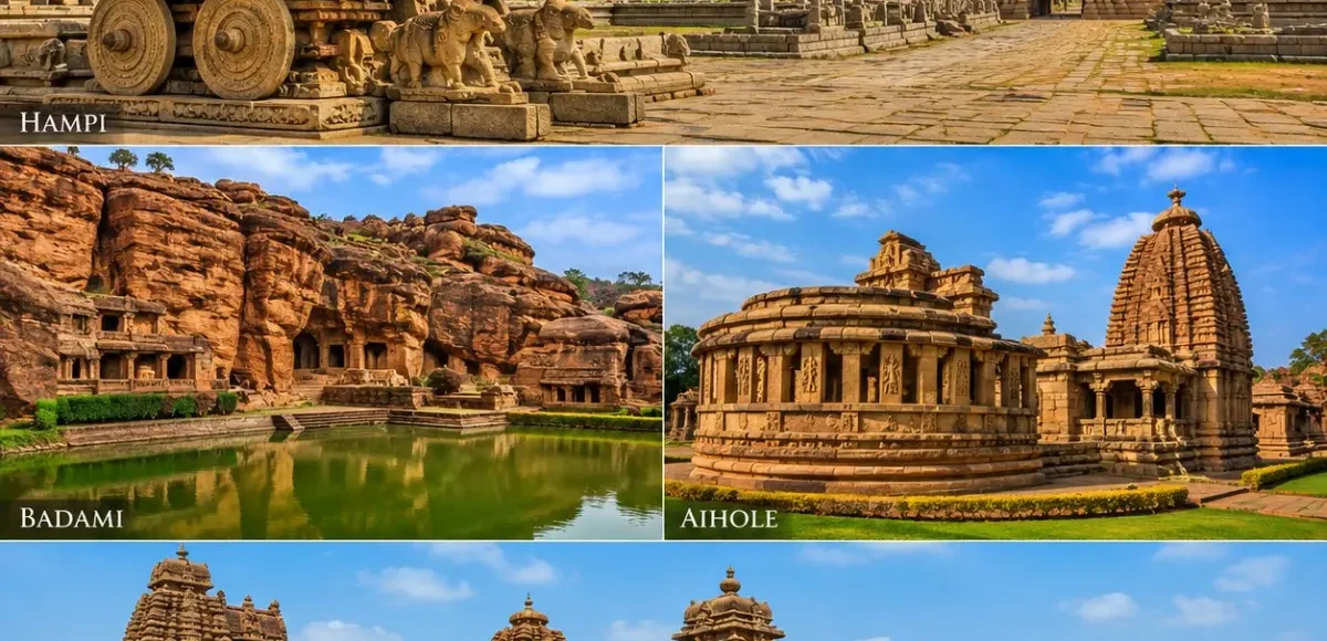 Hampi, Badami, Aihole & Pattadakal Tour Package showcasing Virupaksha Temple, Badami Cave Temples, Durga Temple and Pattadakal monuments