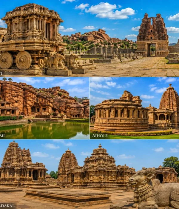 Hampi, Badami, Aihole & Pattadakal Tour Package showcasing Virupaksha Temple, Badami Cave Temples, Durga Temple and Pattadakal monuments