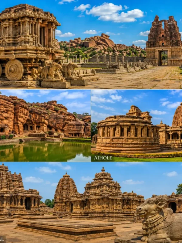 Hampi, Badami, Aihole & Pattadakal Tour Package showcasing Virupaksha Temple, Badami Cave Temples, Durga Temple and Pattadakal monuments