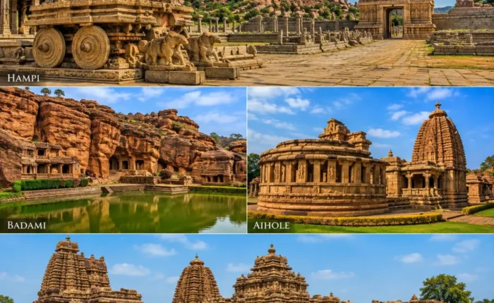 Hampi, Badami, Aihole & Pattadakal Tour Package showcasing Virupaksha Temple, Badami Cave Temples, Durga Temple and Pattadakal monuments