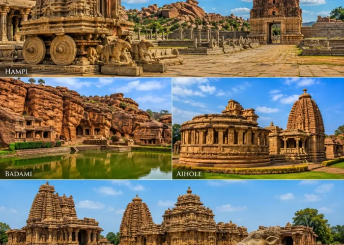 Hampi, Badami, Aihole & Pattadakal Tour Package showcasing Virupaksha Temple, Badami Cave Temples, Durga Temple and Pattadakal monuments