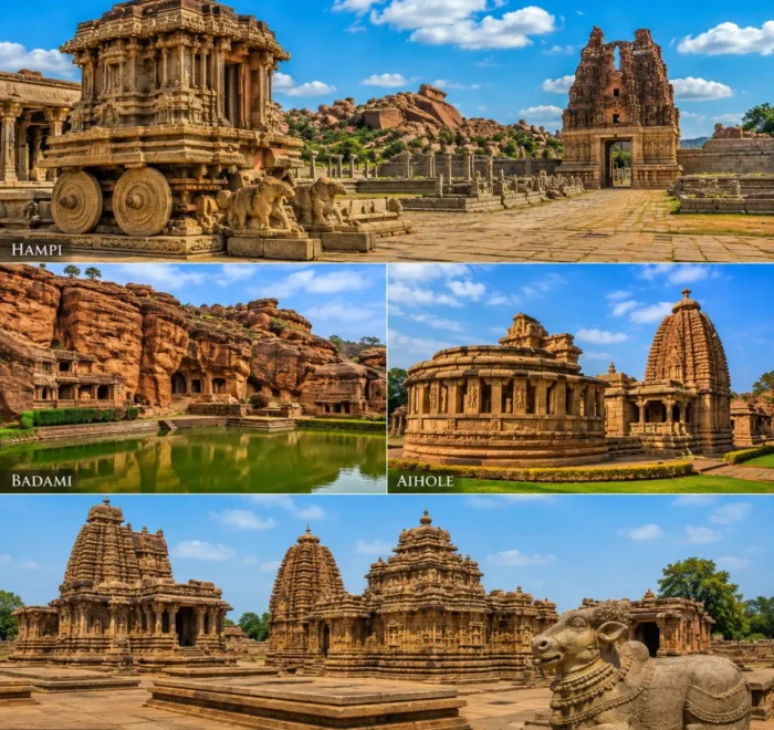 Hampi, Badami, Aihole & Pattadakal Tour Package showcasing Virupaksha Temple, Badami Cave Temples, Durga Temple and Pattadakal monuments