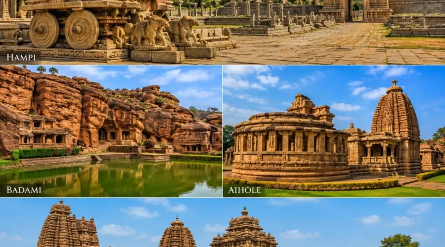 Hampi, Badami, Aihole & Pattadakal Tour Package showcasing Virupaksha Temple, Badami Cave Temples, Durga Temple and Pattadakal monuments