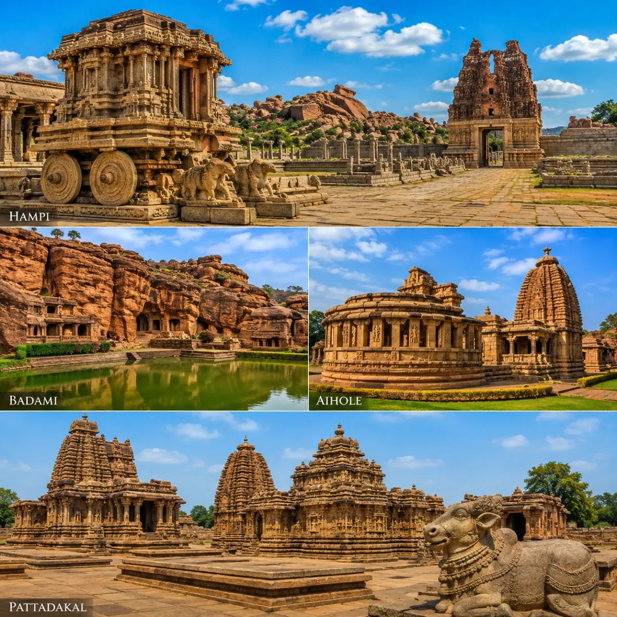 Hampi, Badami, Aihole & Pattadakal Tour Package showcasing Virupaksha Temple, Badami Cave Temples, Durga Temple and Pattadakal monuments