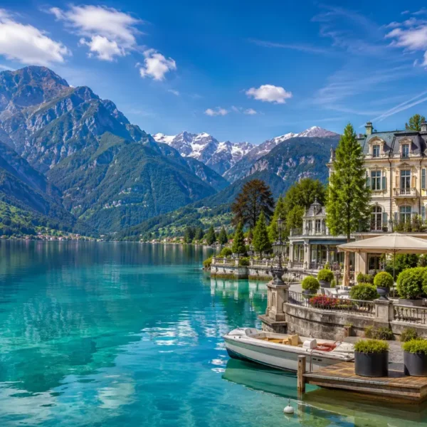 Interlaken Switzerland with turquoise alpine lake, luxury lakeside hotel, snow-capped mountains, and clear blue sky
