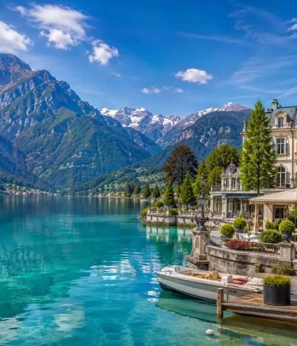 Interlaken Switzerland with turquoise alpine lake, luxury lakeside hotel, snow-capped mountains, and clear blue sky