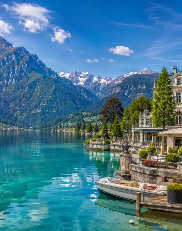 Interlaken Switzerland with turquoise alpine lake, luxury lakeside hotel, snow-capped mountains, and clear blue sky