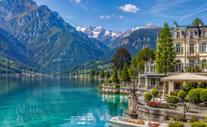 Interlaken Switzerland with turquoise alpine lake, luxury lakeside hotel, snow-capped mountains, and clear blue sky