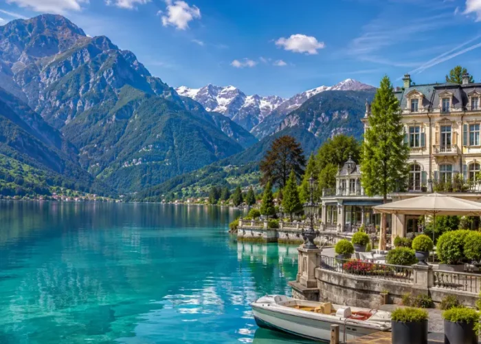 Interlaken Switzerland with turquoise alpine lake, luxury lakeside hotel, snow-capped mountains, and clear blue sky
