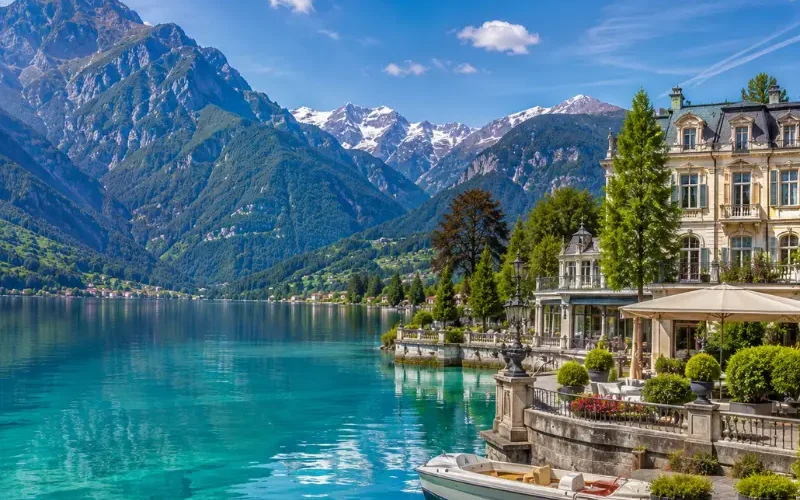 Interlaken Switzerland with turquoise alpine lake, luxury lakeside hotel, snow-capped mountains, and clear blue sky