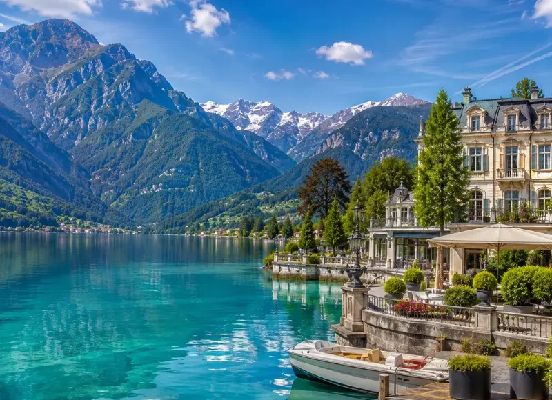 Interlaken Switzerland with turquoise alpine lake, luxury lakeside hotel, snow-capped mountains, and clear blue sky