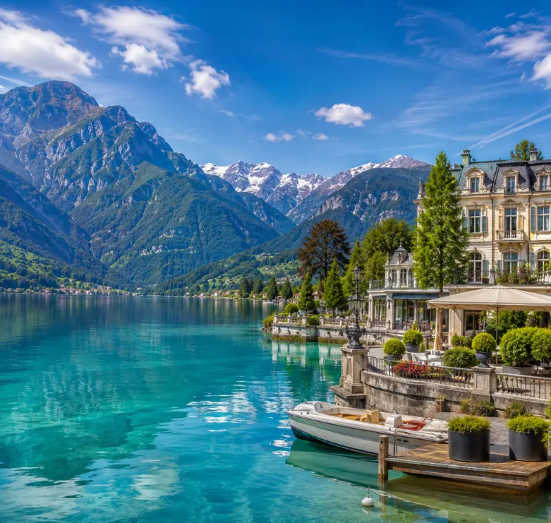 Interlaken Switzerland with turquoise alpine lake, luxury lakeside hotel, snow-capped mountains, and clear blue sky
