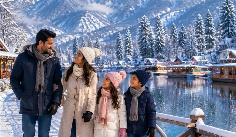 Kashmir Winter Wonderland Tour Package featuring Srinagar, Gulmarg, Pahalgam, snow-covered mountains, Dal Lake and houseboat stay.