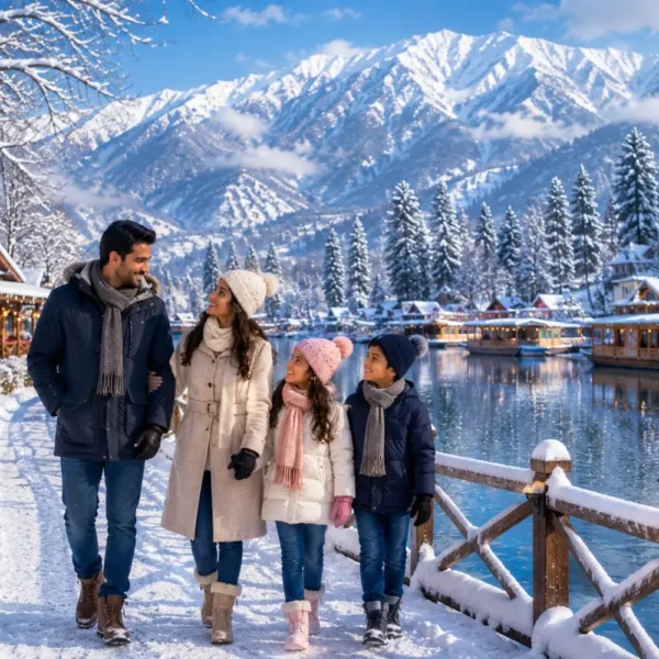 Kashmir Winter Wonderland Tour Package featuring Srinagar, Gulmarg, Pahalgam, snow-covered mountains, Dal Lake and houseboat stay.