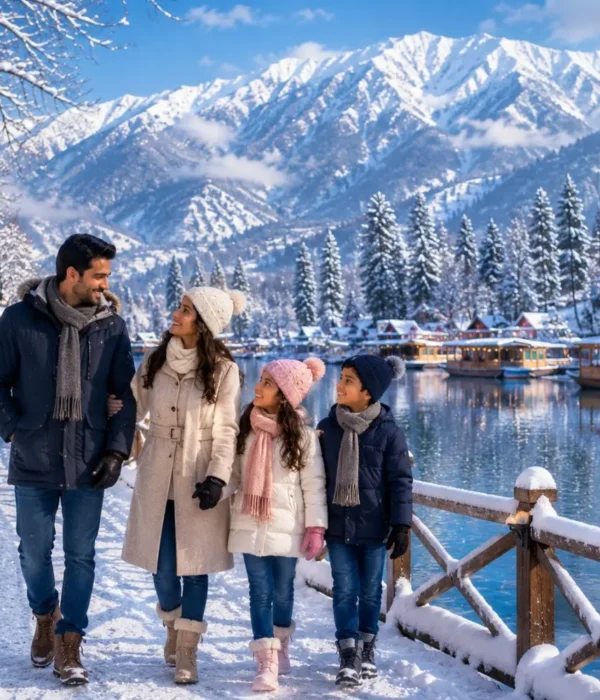 Kashmir Winter Wonderland Tour Package featuring Srinagar, Gulmarg, Pahalgam, snow-covered mountains, Dal Lake and houseboat stay.