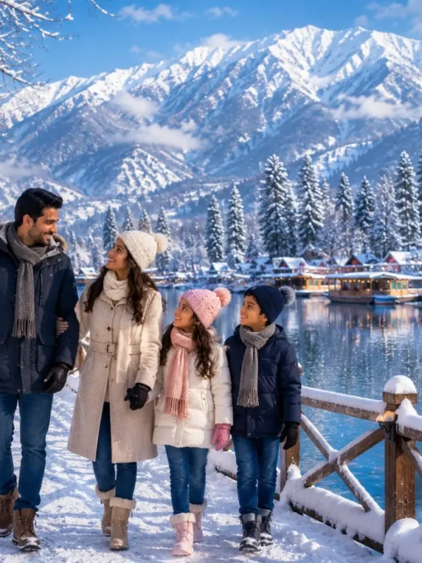 Kashmir Winter Wonderland Tour Package featuring Srinagar, Gulmarg, Pahalgam, snow-covered mountains, Dal Lake and houseboat stay.
