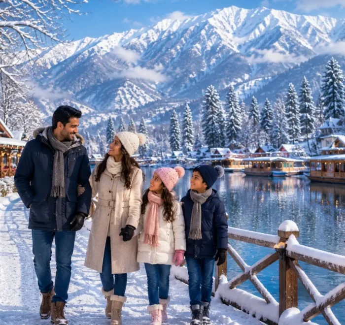 Kashmir Winter Wonderland Tour Package featuring Srinagar, Gulmarg, Pahalgam, snow-covered mountains, Dal Lake and houseboat stay.