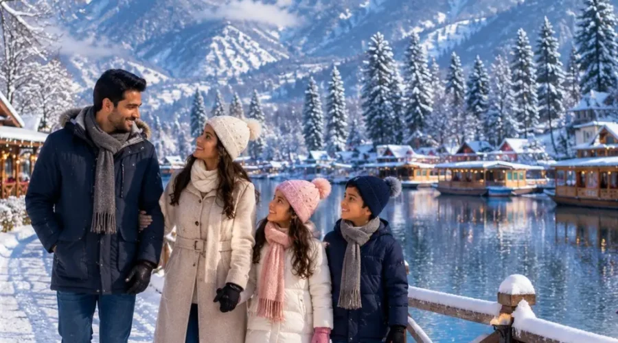 Kashmir Winter Wonderland Tour Package featuring Srinagar, Gulmarg, Pahalgam, snow-covered mountains, Dal Lake and houseboat stay.