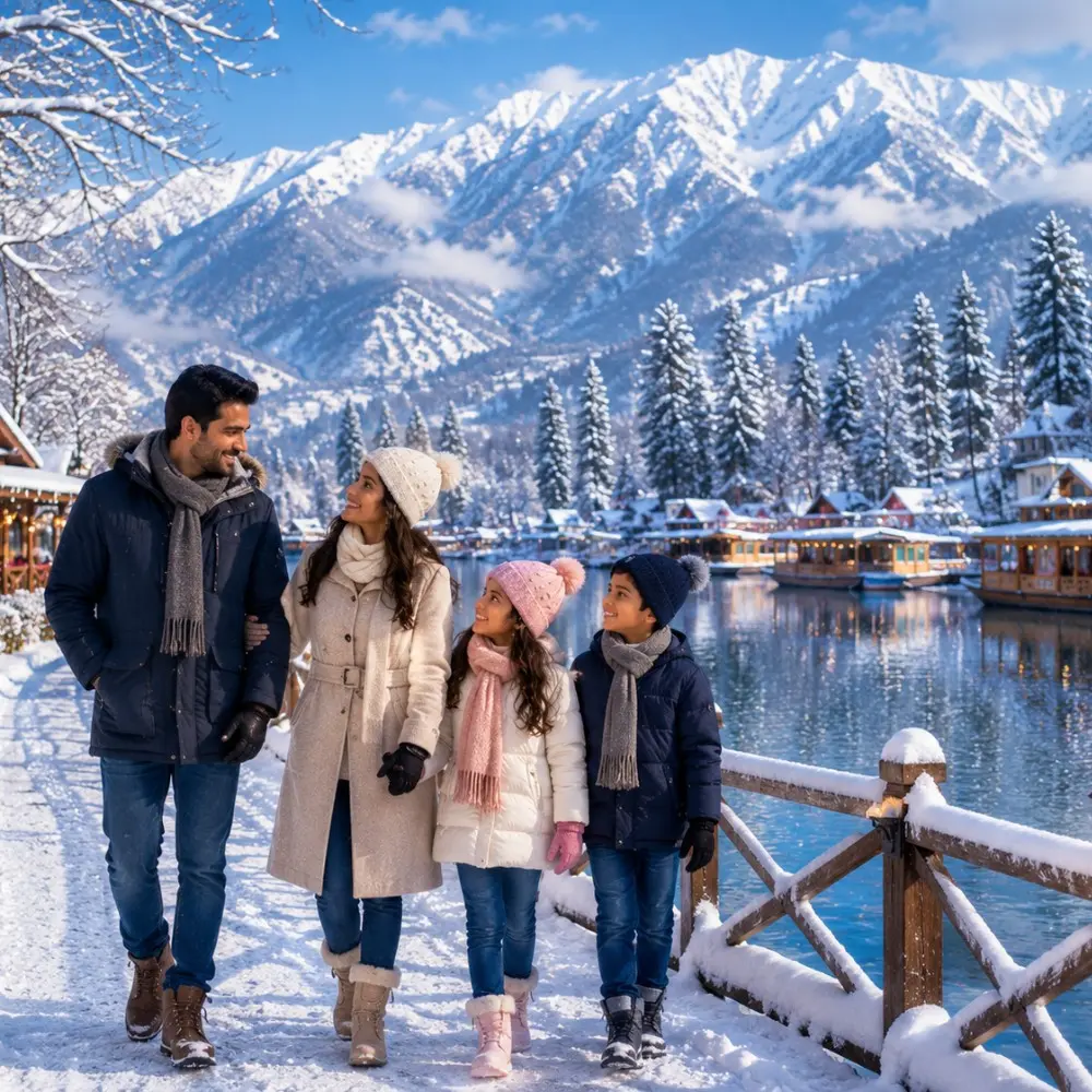 Kashmir Winter Wonderland Tour Package featuring Srinagar, Gulmarg, Pahalgam, snow-covered mountains, Dal Lake and houseboat stay.