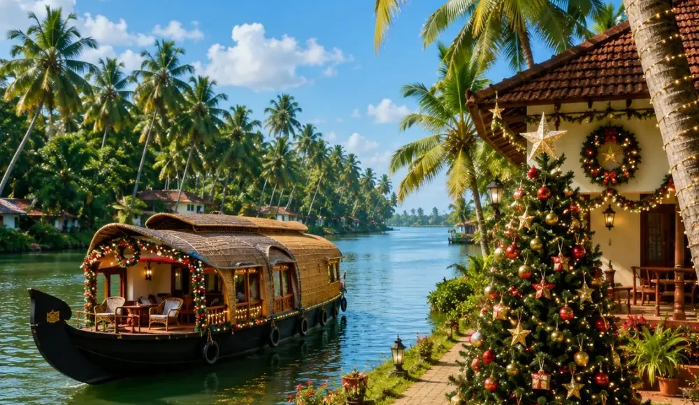 Kerala Christmas and New Year Escape Tour Package featuring Munnar, Thekkady, Alleppey houseboats, backwaters and scenic hill station landscapes.