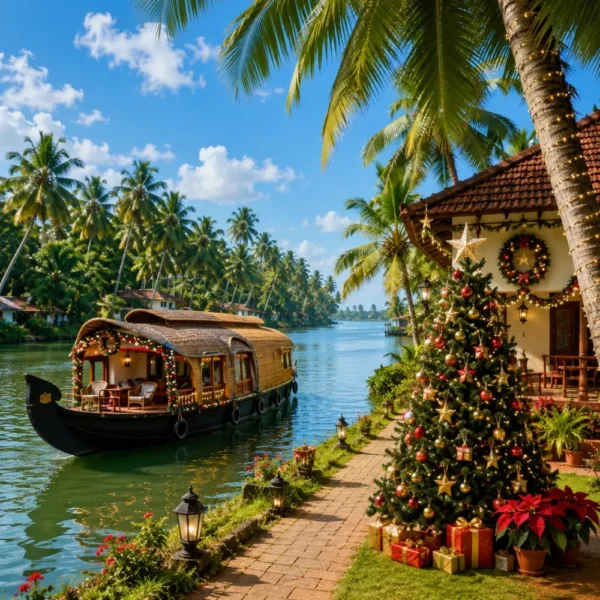 Kerala Christmas and New Year Escape Tour Package featuring Munnar, Thekkady, Alleppey houseboats, backwaters and scenic hill station landscapes.