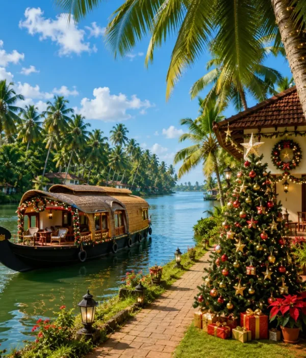 Kerala Christmas and New Year Escape Tour Package featuring Munnar, Thekkady, Alleppey houseboats, backwaters and scenic hill station landscapes.