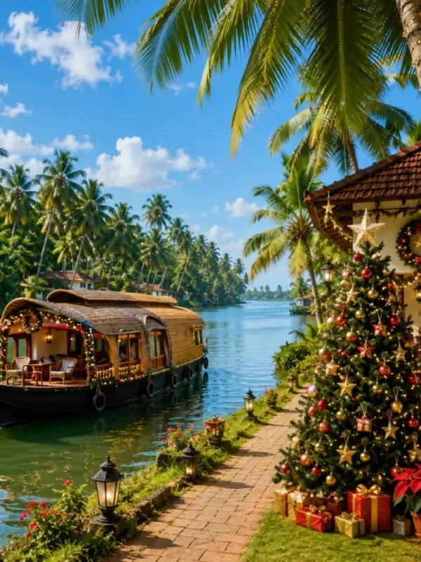 Kerala Christmas and New Year Escape Tour Package featuring Munnar, Thekkady, Alleppey houseboats, backwaters and scenic hill station landscapes.
