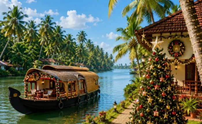 Kerala Christmas and New Year Escape Tour Package featuring Munnar, Thekkady, Alleppey houseboats, backwaters and scenic hill station landscapes.