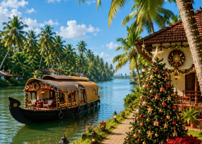 Kerala Christmas and New Year Escape Tour Package featuring Munnar, Thekkady, Alleppey houseboats, backwaters and scenic hill station landscapes.