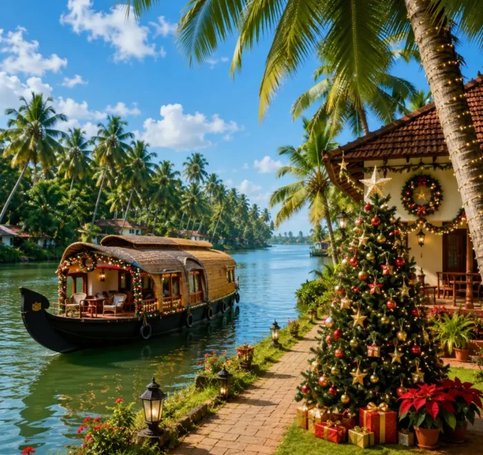Kerala Christmas and New Year Escape Tour Package featuring Munnar, Thekkady, Alleppey houseboats, backwaters and scenic hill station landscapes.