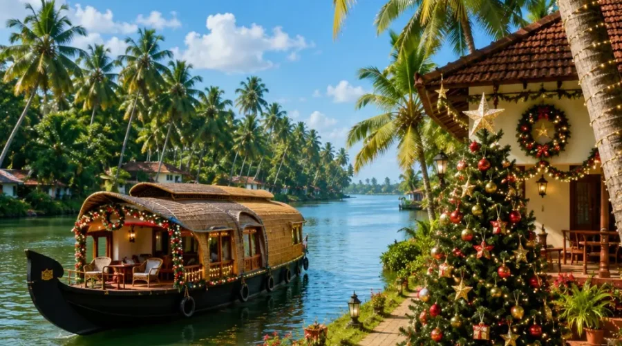 Kerala Christmas and New Year Escape Tour Package featuring Munnar, Thekkady, Alleppey houseboats, backwaters and scenic hill station landscapes.