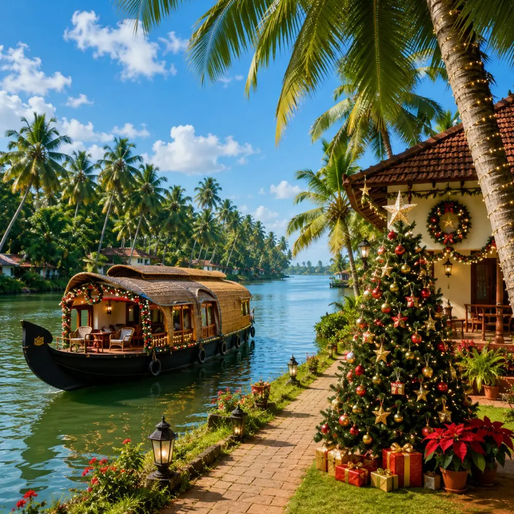Kerala Christmas and New Year Escape Tour Package featuring Munnar, Thekkady, Alleppey houseboats, backwaters and scenic hill station landscapes.