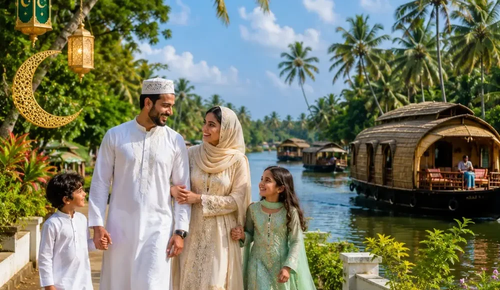 Kerala Eid Holiday Tour Package featuring Munnar, Thekkady, Alleppey houseboats, backwaters and scenic hill station landscapes.