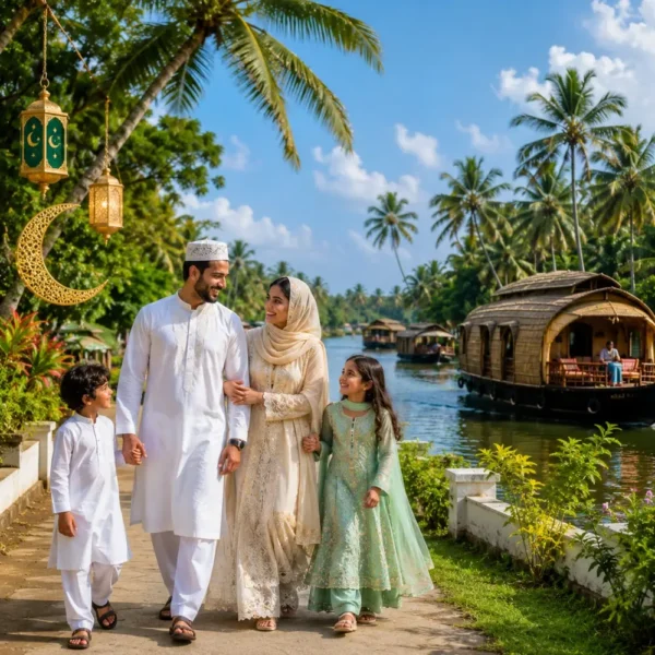 Kerala Eid Holiday Tour Package featuring Munnar, Thekkady, Alleppey houseboats, backwaters and scenic hill station landscapes.