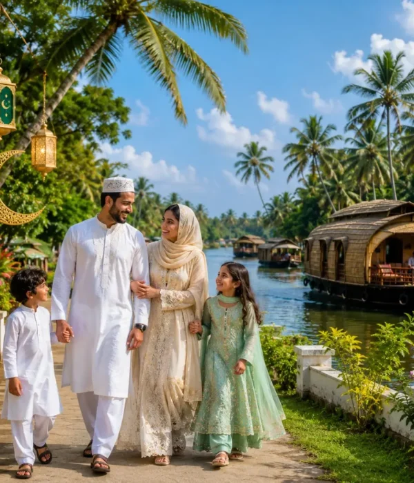 Kerala Eid Holiday Tour Package featuring Munnar, Thekkady, Alleppey houseboats, backwaters and scenic hill station landscapes.
