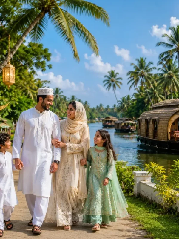 Kerala Eid Holiday Tour Package featuring Munnar, Thekkady, Alleppey houseboats, backwaters and scenic hill station landscapes.