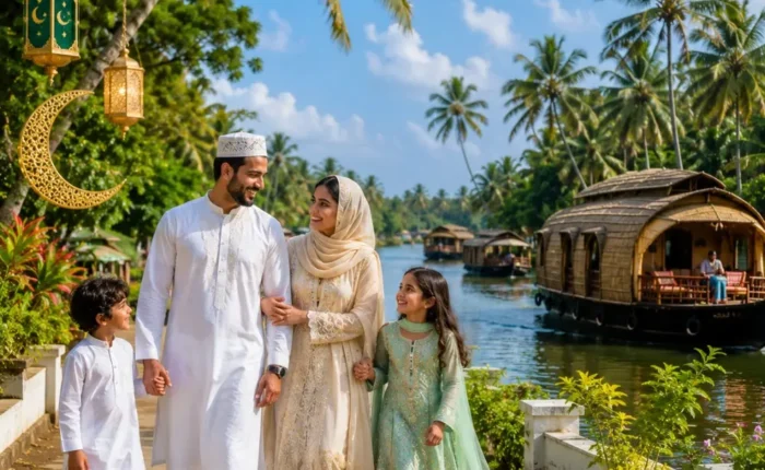 Kerala Eid Holiday Tour Package featuring Munnar, Thekkady, Alleppey houseboats, backwaters and scenic hill station landscapes.